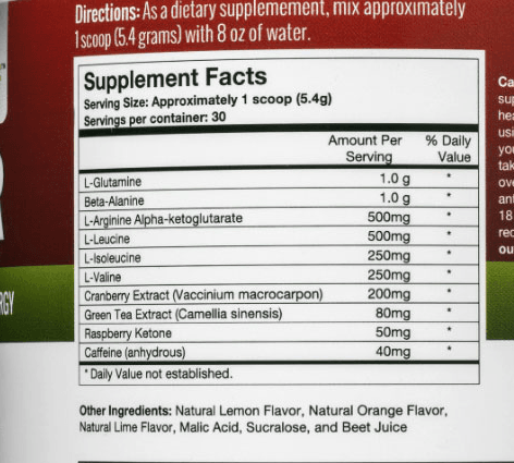 RedLeaf PRE-WORKOUT ENERGIZER (Cranberry Lime Flavor) Supplement Facts and Ingredients