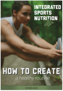 A young woman stretches her leg. Text overlay reads Integrated Sports Nutrition How To Create a Healthy Routine redleafnutrition.com