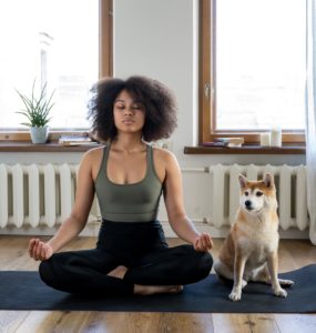 woman does a virtual yoga workout at home with her dog for back to school fit tips